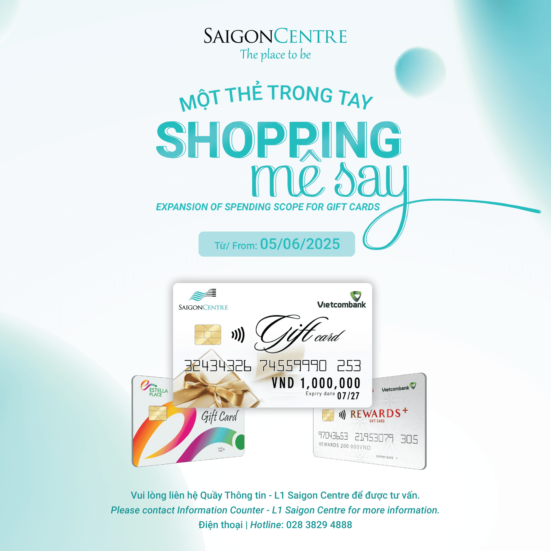 TIN VUI CHO CHỦ THẺ QUÀ TẶNG SAIGON CENTRE/ ESTELLA PLACE/ REWARDS+